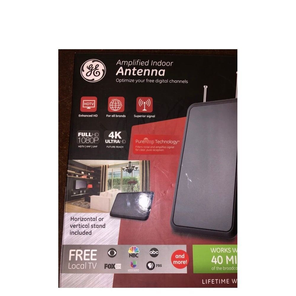 GE Amplified Flat Indoor Antenna 40 MILES of Broadcasting Source for FREE TV